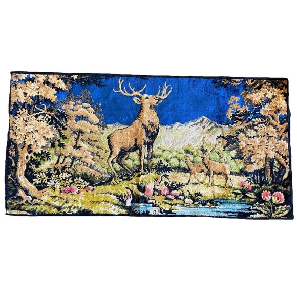 Other - Vintage 70s Deer Stag Does Woodland Velvet Tapestry Rug Wall Picture 19x38”